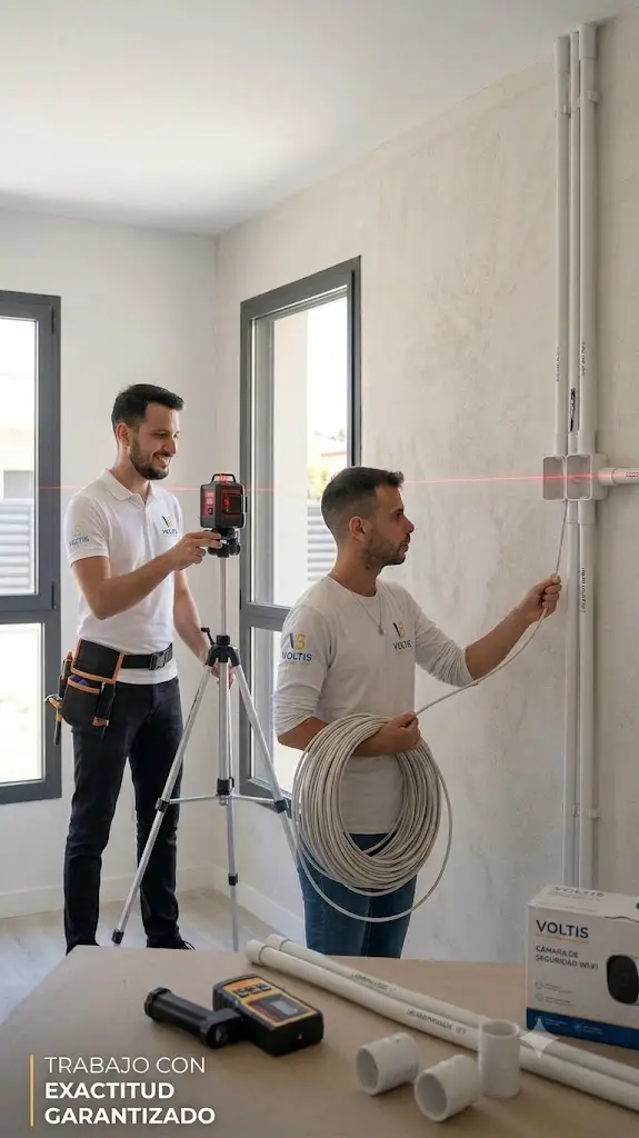 Nivel láser marcando el recorrido de la instalación eléctrica en obra